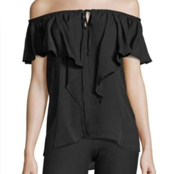 Kobi Halperin Venetta  Off the Shoulder 100% Silk Top Black Ruffle Keyhole Sz M - Picture 1 of 16